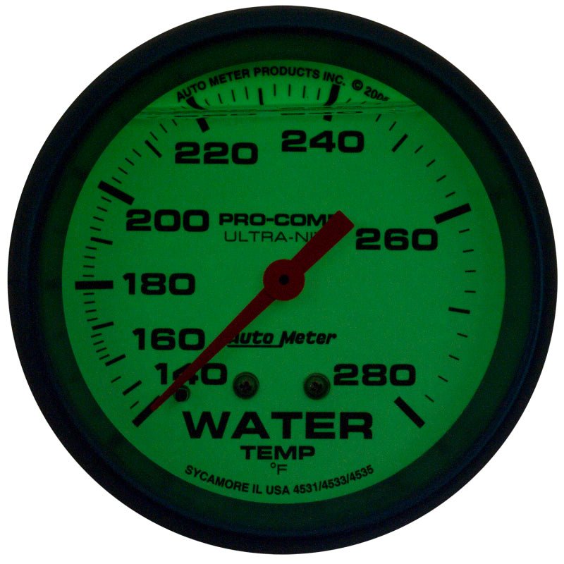 Autometer Ultra - Nite 2 - 5/8in 140 - 280 Degree Liquid Filled Mechanical Glow In Dark Water Temp Gauge - My Store