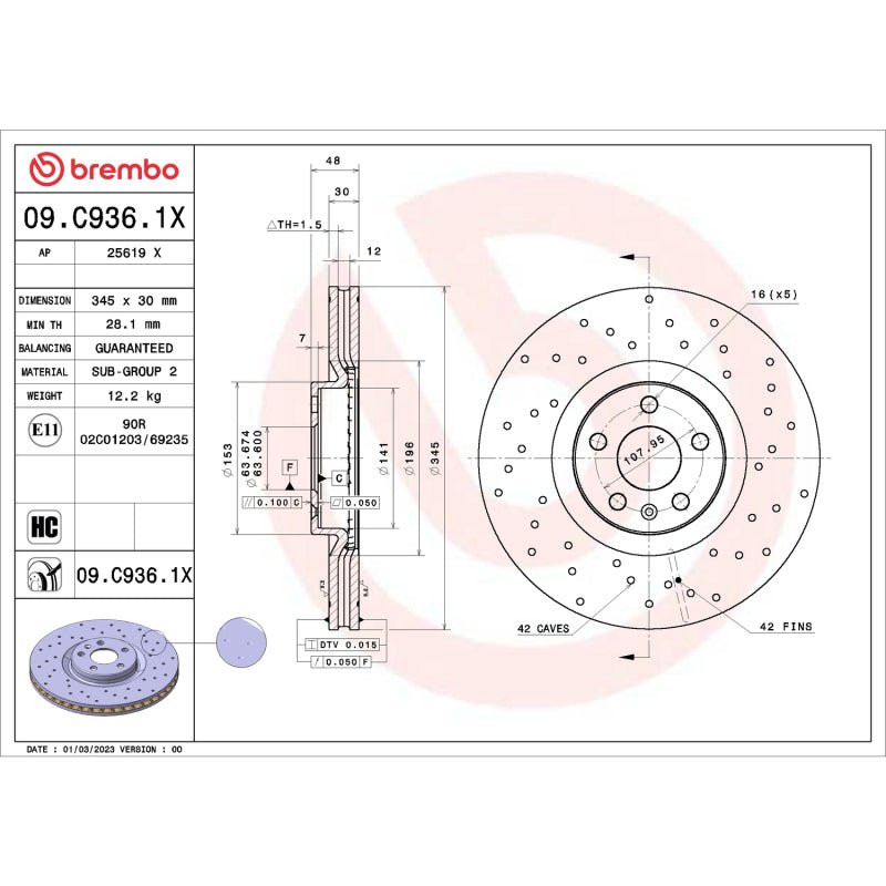 Brembo 16 - 24 Volvo XC90 / 18 - 24 XC60 Front Premium Xtra Cross Drilled UV Coated Rotor - My Store