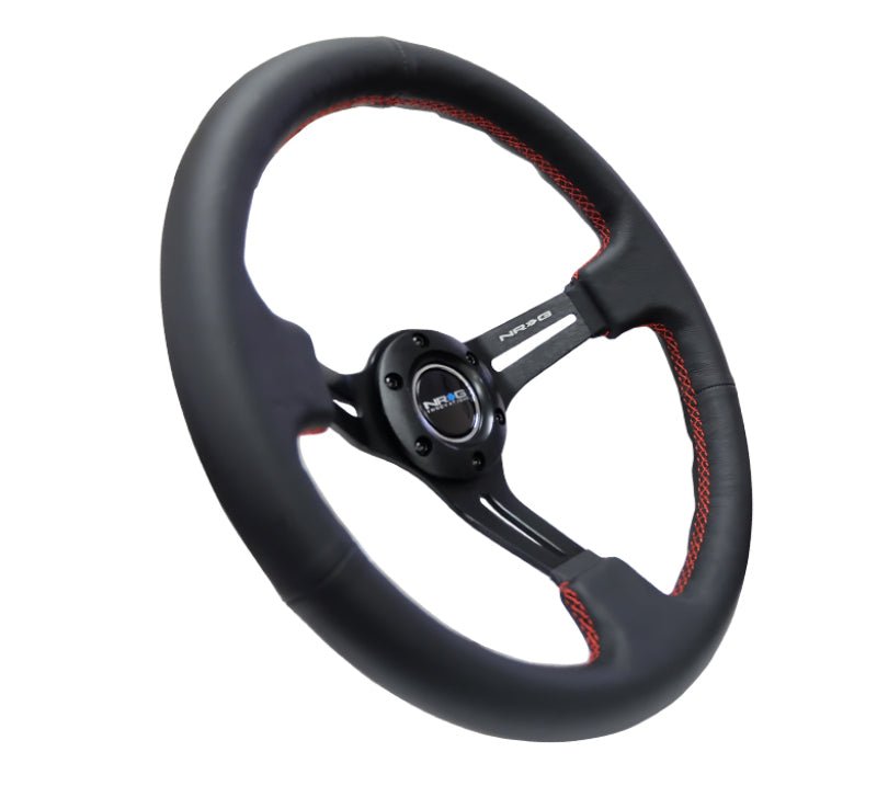 NRG Reinforced Steering Wheel (350mm / 3in. Deep) Black Leather/Red Stitch & Blk 3 - Spoke w/Slits - My Store