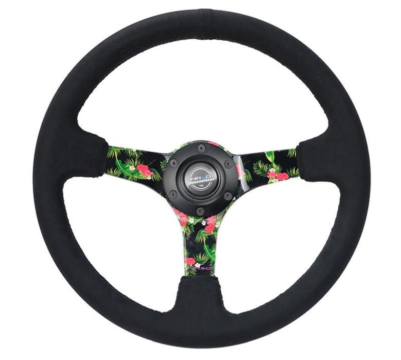 NRG Reinforced Steering Wheel (350mm / 3in. Deep) Black Suede w/ 5mm Floral 3 - Spoke Center - My Store