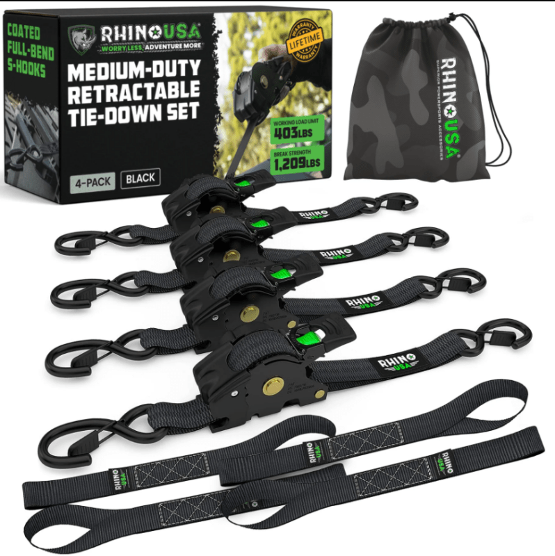 Rhino USA Retractable Ratchet Straps (2Pk 1Inx10Ft) Black - My Store