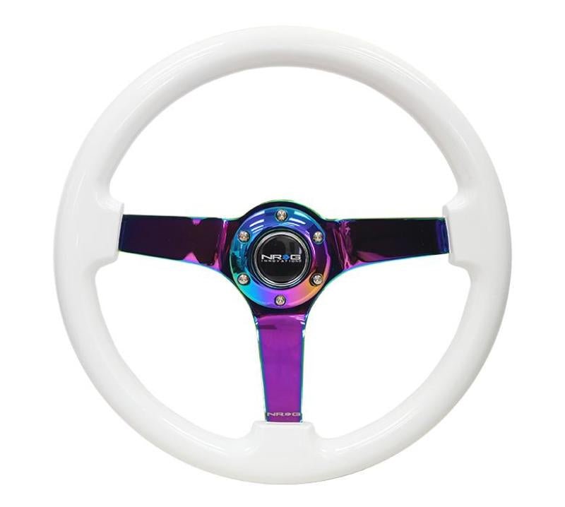NRG Reinforced Steering Wheel (350mm / 3in. Deep) Classic White w/4mm Neochrome Solid 3 - Spoke - My Store