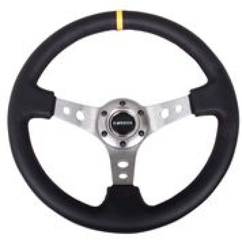 NRG Reinforced Steering Wheel (350mm / 3in. Deep) Blk Leather w/Gunmetal Cutout Spoke & Yellow CM - My Store