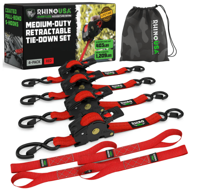 Rhino USA Retractable Ratchet Straps (4Pk 1Inx10Ft) (Red) - My Store