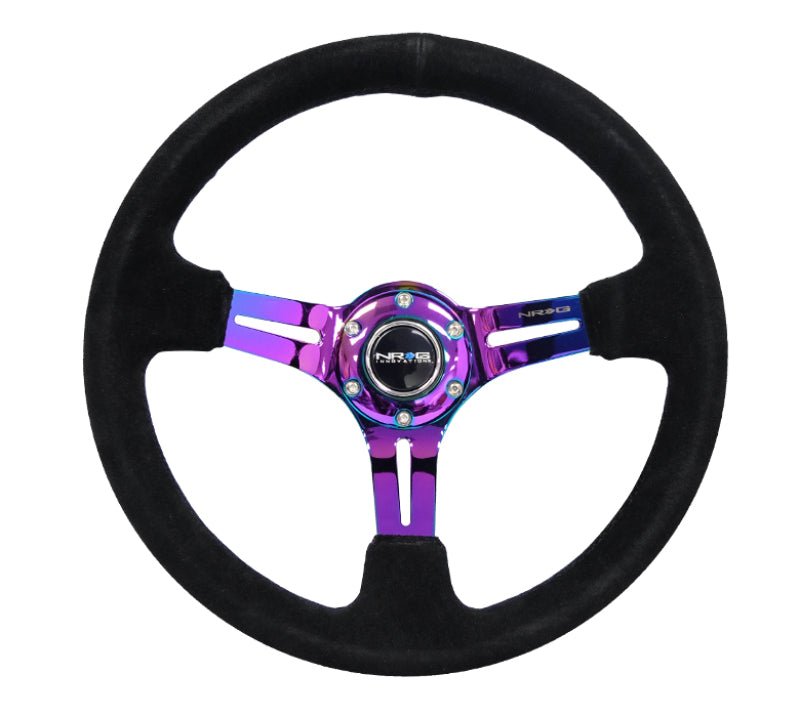 NRG Reinforced Steering Wheel (350mm / 3in. Deep) Blk Suede/Blk Stitch w/Neochrome Slits - My Store