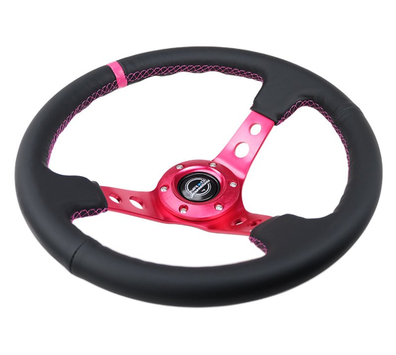 NRG Reinforced Steering Wheel (350mm/3in. Deep) Black Leather/ Fushia Center Mark/ Fushia Stitching - My Store