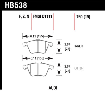 compare product Hawk 09 Audi A4 Cabriolet / 05-07 A4 / 05-09 A4 Quattro / 06-09 A6 / 08 VW R32 HPS Front Brake Pads