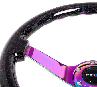 compare product NRG Reinforced Steering Wheel (350mm / 3in. Deep) Classic Blk Sparkle w/4mm Neochrome 3-Spoke Center