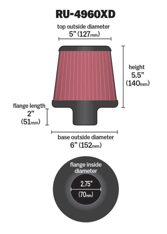 compare product K&N Filter Universal Clamp-On Filter-Round Tapered 2.75in Flange ID x 6in Base OD x 5in Top OD