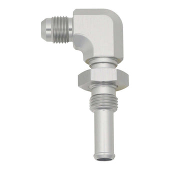 compare product DeatschWerks 6AN Male Flare to 90-Degree 3/8in Single Hose Barb - Anodized DW Titanium