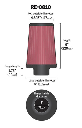 compare product K&N Universal Rubber Filter 3inch FLG / 6inch OD-B / 4-5/8inch OD-T / 9inch L