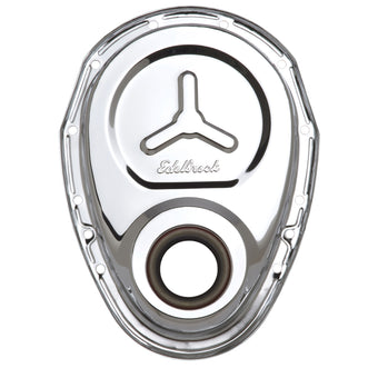 compare product Edelbrock Timing Cover SB-Chevy Chrome w/ Welded Reinforcement Plate