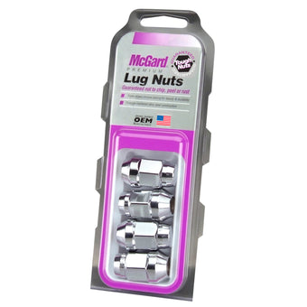 compare product McGard Hex Lug Nut (Cone Seat Bulge Style) 7/16-20 / 3/4 Hex / 1.45in. Length (4-Pack) - Chrome