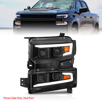 compare product ANZO 19-22 Chevrolet Silverado 1500 LED Proj HL w/Lgt Bar SwBk Seq. Blk w/In. Light - Driver Side ON
