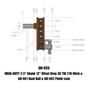 compare product Gen-Y Mega Duty 2.5in Shank 12in Offset Drop 21K Hitch w/GH-061 Dual-Ball/GH-062 Pintle Lock