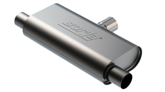 compare product Borla T- Flow Universal Muffler - 2.5in Single Inlet/2.5in Dual Outlet 24in OAL 4.25x9.10x18in Body