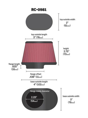 compare product K&N Uni Chrome Oval Tapered Filter 2.125in FlgID x 4inB OL x 3inB OW x 3inT OL x 2inT OW x 2.75in H