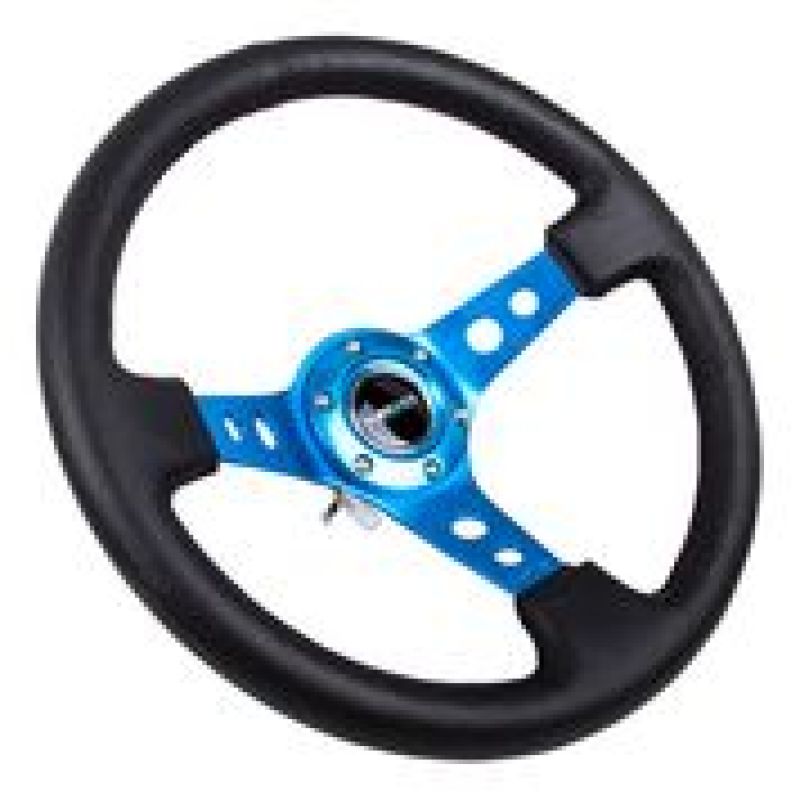 NRG Reinforced Steering Wheel (350mm / 3in. Deep) Blk Leather w/Blue Circle Cutout Spokes - My Store