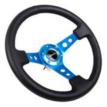 compare product NRG Reinforced Steering Wheel (350mm / 3in. Deep) Blk Leather w/Blue Circle Cutout Spokes