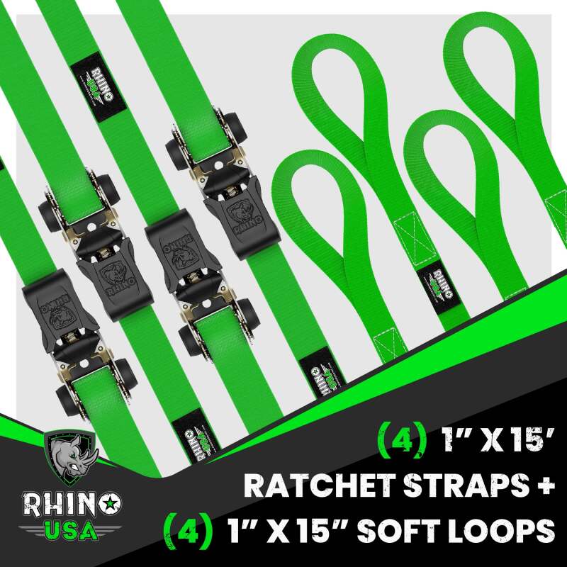 Rhino USA Medium Duty Ratchet Strap Tie - Down 4 - Pack (Green) - My Store