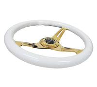 NRG Classic Wood Grain Steering Wheel (350mm) White Grip w/Chrome Gold 3 - Spoke Center - My Store
