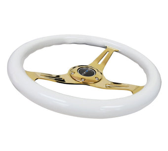 compare product NRG Classic Wood Grain Steering Wheel (350mm) White Grip w/Chrome Gold 3-Spoke Center