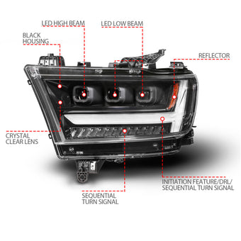 compare product ANZO 19-24 RAM 1500 (New Body/OE Halogen) Full LED Proj Headlights DRL/SeqSig Black - Driver Side