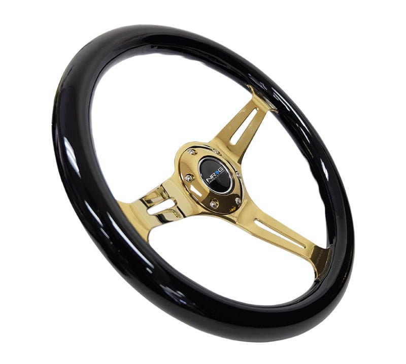 NRG Classic Wood Grain Steering Wheel (350mm) Black Grip w/Chrome Gold 3 - Spoke Center - My Store
