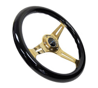 NRG Classic Wood Grain Steering Wheel (350mm) Black Grip w/Chrome Gold 3 - Spoke Center - My Store