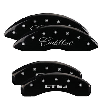 compare product MGP 4 Caliper Covers Engraved Front Cursive/Cadillac Engraved Rear CTS4 Black finish silver ch