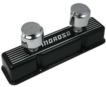 compare product Moroso Chevrolet Small Block Valve Cover - 1 Cover w/2 Breathers - Black Finished Aluminum - Pair