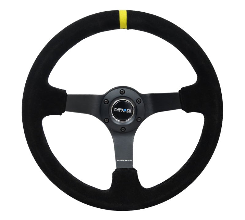 NRG Reinforced Steering Wheel (350mm / 3in. Deep) Blk Suede/X - Stitch w/5mm Blk Spoke & Yellow CM - My Store