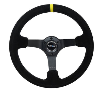 compare product NRG Reinforced Steering Wheel (350mm / 3in. Deep) Blk Suede/X-Stitch w/5mm Blk Spoke & Yellow CM