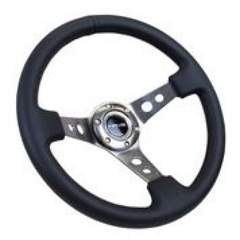 compare product NRG Reinforced Steering Wheel (350mm / 3in. Deep) Blk Leather w/Gunmetal Circle Cutout Spokes