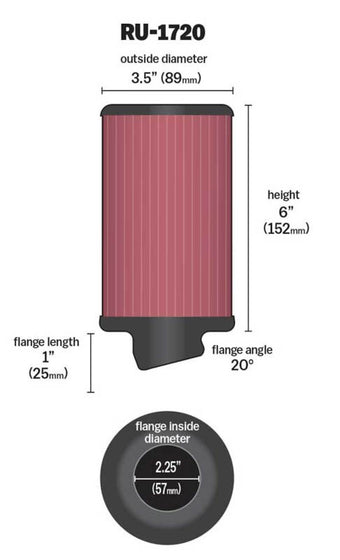 compare product K&N Filter Universal Rubber Round Air Filter 20 Deg Flange Angle 2.25in Flange ID x 3.5in OD x 6in H