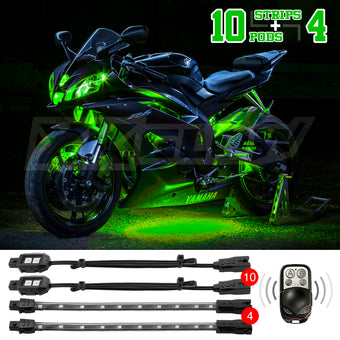 compare product XK Glow Strips Single Color XKGLOW LED Accent Light Motorcycle Kit Green - 10xPod + 4x8In
