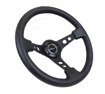 compare product NRG Reinforced Steering Wheel (350mm / 3in. Deep) Blk Leather w/Blk Spoke & Circle Cutouts