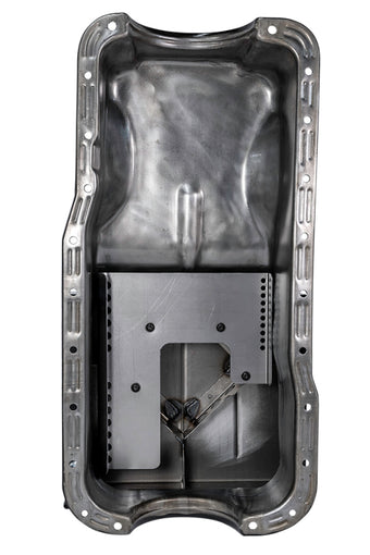 compare product Moroso Ford 351W (w/Front Sump) Kicked Out Road Race Baffled 9qt 8in Steel Oil Pan
