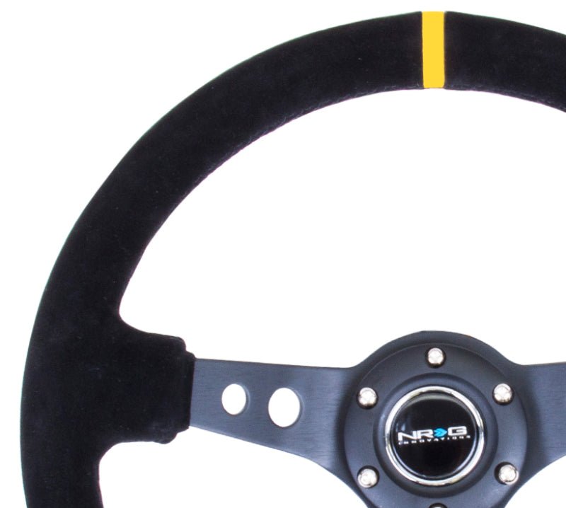 NRG Reinforced Steering Wheel (350mm / 3in. Deep) Blk Suede w/Circle Cut Spokes & Single Yellow CM - My Store
