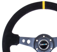 NRG Reinforced Steering Wheel (350mm / 3in. Deep) Blk Suede w/Circle Cut Spokes & Single Yellow CM - My Store