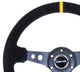 NRG Reinforced Steering Wheel (350mm / 3in. Deep) Blk Suede w/Circle Cut Spokes & Single Yellow CM - My Store