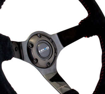compare product NRG Reinforced Steering Wheel (350mm / 3in. Deep) Blk Suede w/Red BBall Stitch & Black 3-Spoke
