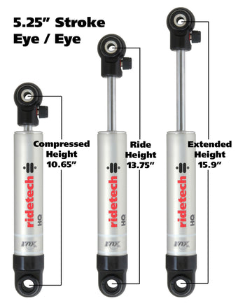 compare product Ridetech HQ Series Shock Absorber Single Adjustable 5.25in Stroke Eye/Eye Mounting 10.65in x 15.9in