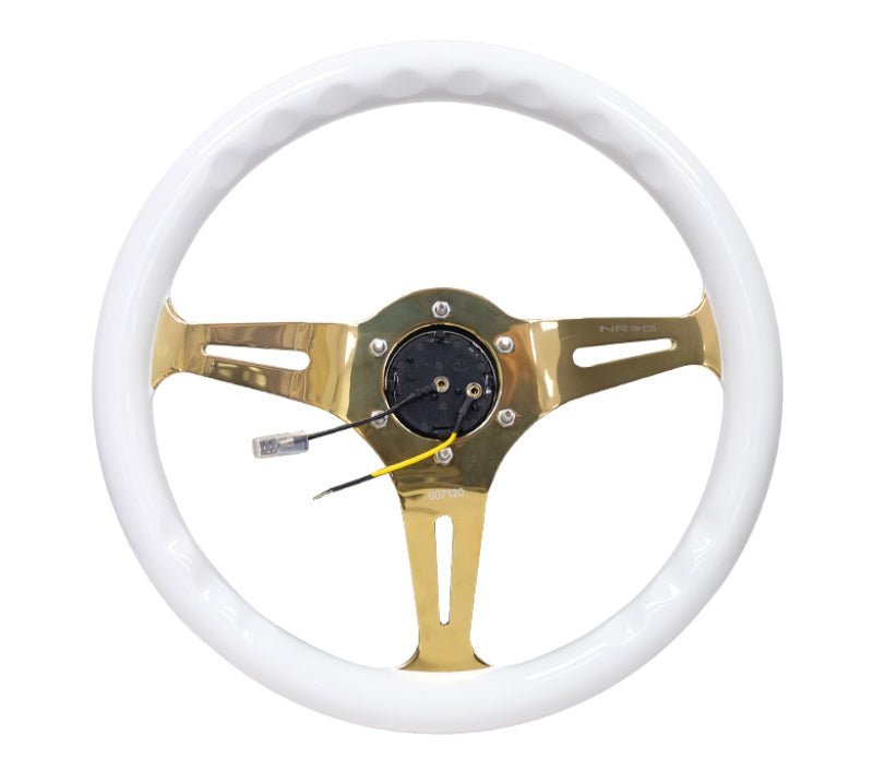 NRG Classic Wood Grain Steering Wheel (350mm) White Grip w/Chrome Gold 3 - Spoke Center - My Store