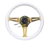 NRG Classic Wood Grain Steering Wheel (350mm) White Grip w/Chrome Gold 3 - Spoke Center - My Store