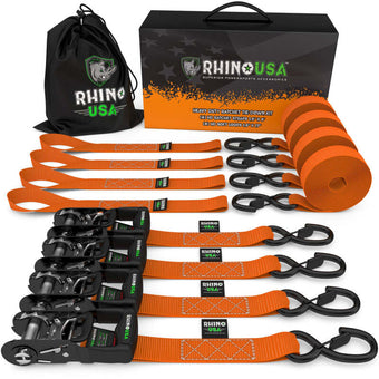 compare product Rhino USA Heavy Duty Ratchet Tie-Down 4-Pack (Orange) 1.6In X 8Ft