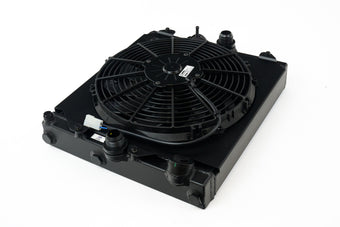 compare product CSF Universal Half Radiator w/-16AN & Slip-On Fittings/12in SPAL Fan & Shroud - Black Finish