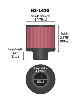 compare product K&N 1 inch ID 3 inch OD 2.375 inch H Rubber Base Crankcase Vent Filter