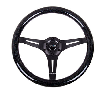 compare product NRG Classic Wood Grain Steering Wheel (350mm) Black Sparkled Grip w/Black 3-Spoke Center