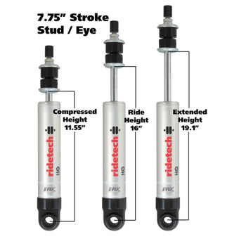 compare product Ridetech HQ Series Shock Absorber Single Adjustable 7.55in Stroke Eye/Stud Mounting 11.55in x 19.1in
